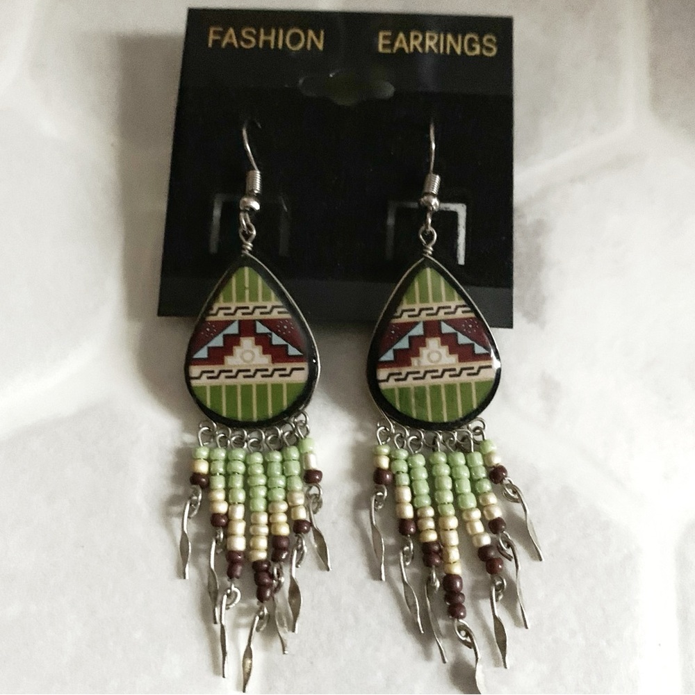Tribal Beaded Dangle Earrings Silver & Green Beaded Cascade